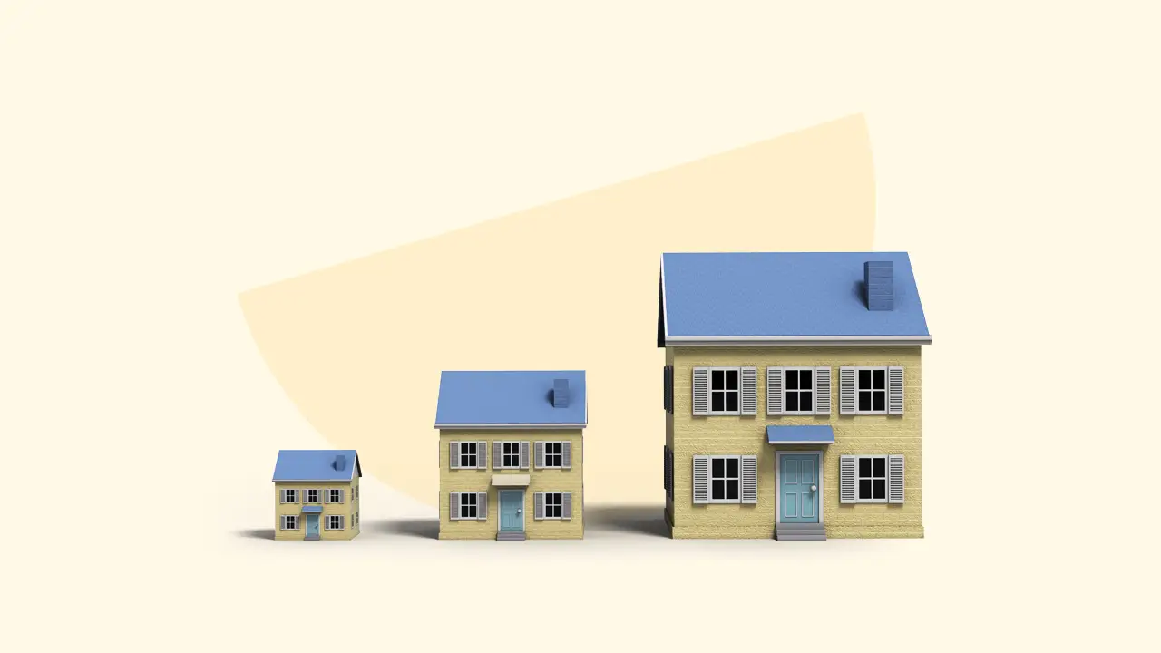 a graphic of three houses, one small, one medium and one large